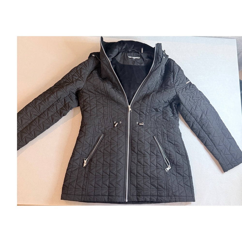 Karl Lagerfeld Paris Quilted Hooded Parka Jacket Black L